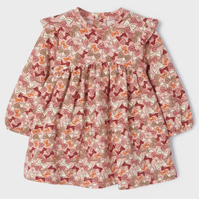 Front view of Rubor-pink Mayoral baby girl dress with all-over bow print
