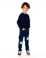 Long Sleeve Brushed Jersey Striped Tee Black | Deux par Deux | Jenni Kidz