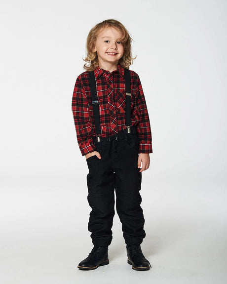 Long Sleeve Button Down Flannel Shirt Plaid Black And Red | Deux par Deux | Jenni Kidz