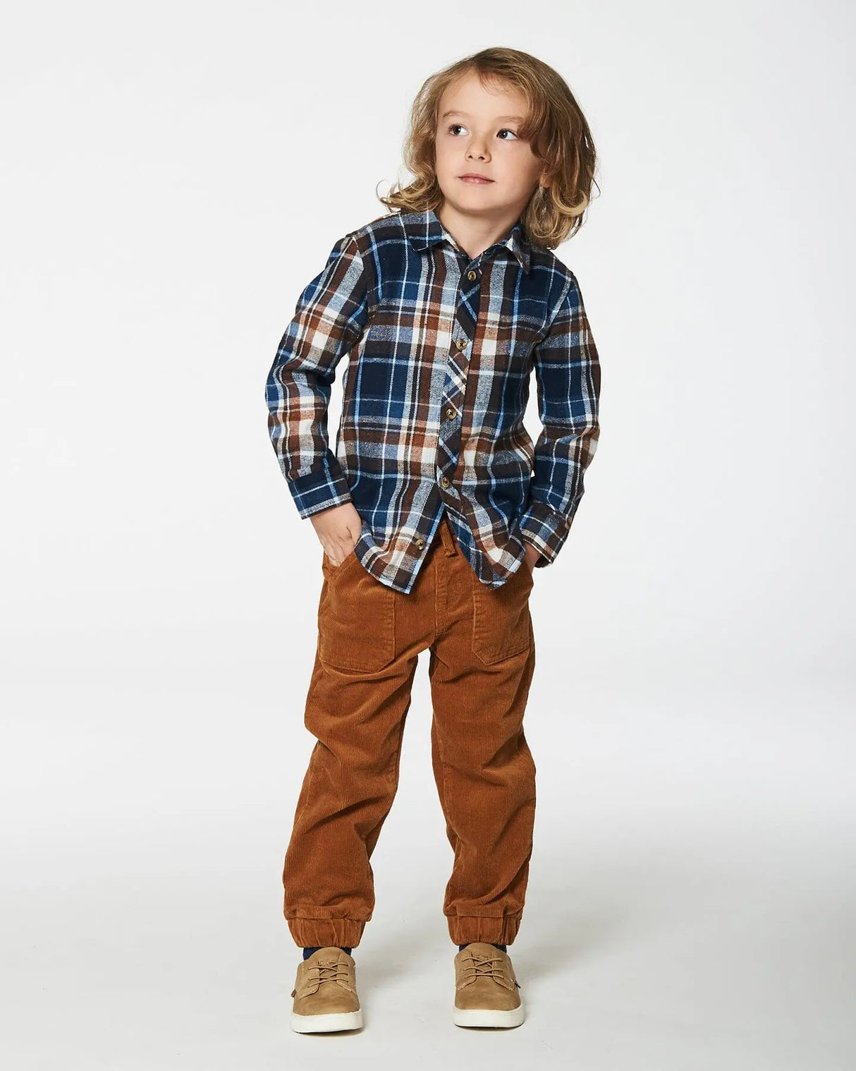 Long Sleeve Button Down Shirt Plaid Blue And Hazel | Deux par Deux | Jenni Kidz