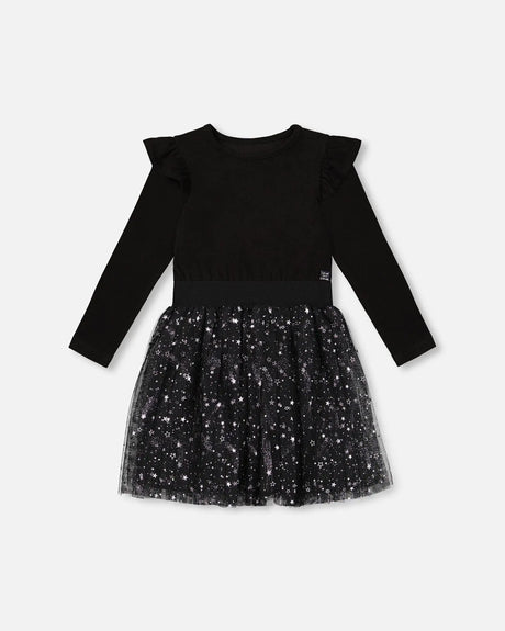 Long Sleeve Dress With Glittering Tulle Skirt Black | Deux par Deux | Jenni Kidz