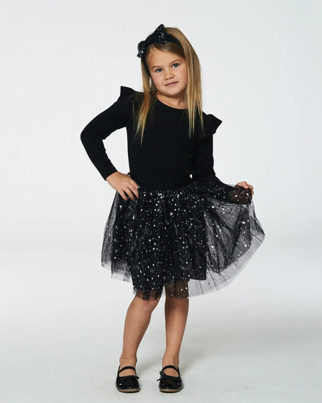 Long Sleeve Dress With Glittering Tulle Skirt Black | Deux par Deux | Jenni Kidz