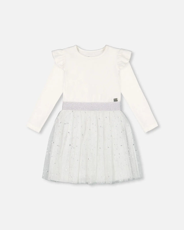 Long Sleeve Dress With Glittering Tulle Skirt Off White | Deux par Deux | Jenni Kidz