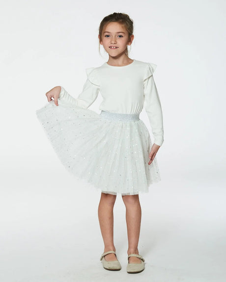 Long Sleeve Dress With Glittering Tulle Skirt Off White | Deux par Deux | Jenni Kidz