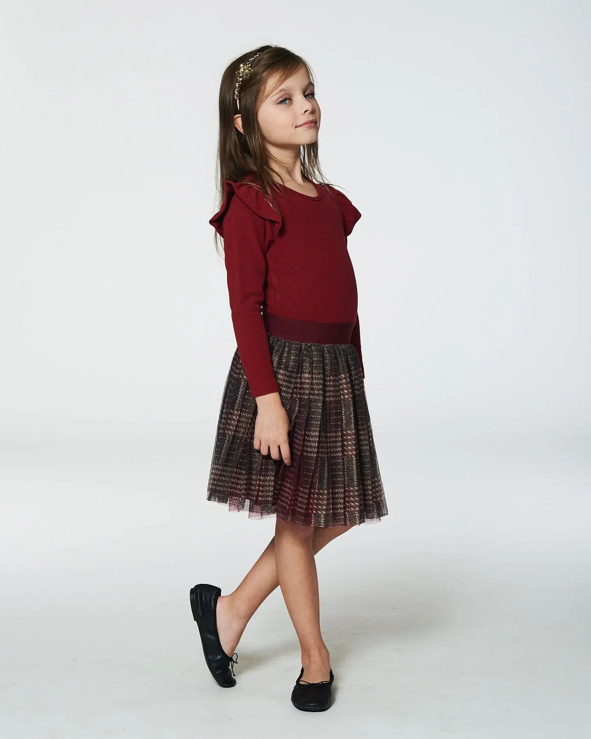 Long Sleeve Dress With Glittering Tulle Skirt Red Plaid | Deux par Deux | Jenni Kidz