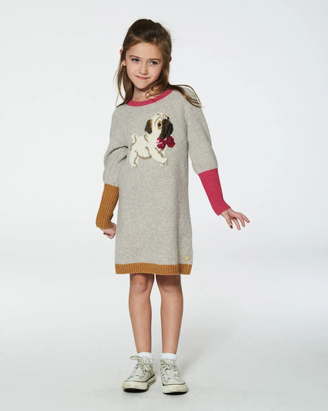 Long Sleeve Knit Dress With Pug Beige Mix | Deux par Deux | Jenni Kidz