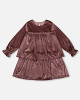 Long Sleeve Metallic Dress With Frills Burgundy | Deux par Deux | Jenni Kidz