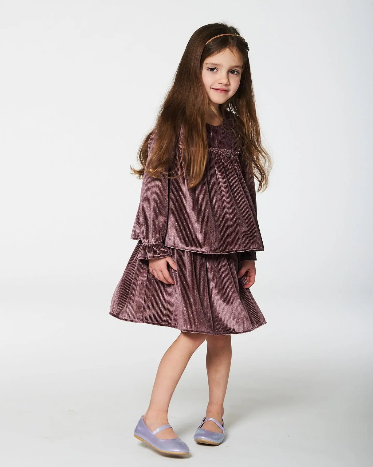 Long Sleeve Metallic Dress With Frills Burgundy | Deux par Deux | Jenni Kidz