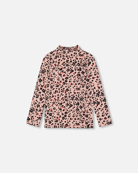 Long Sleeve Mock Neck Top Pink Printed Leopard Flowers | Deux par Deux | Jenni Kidz