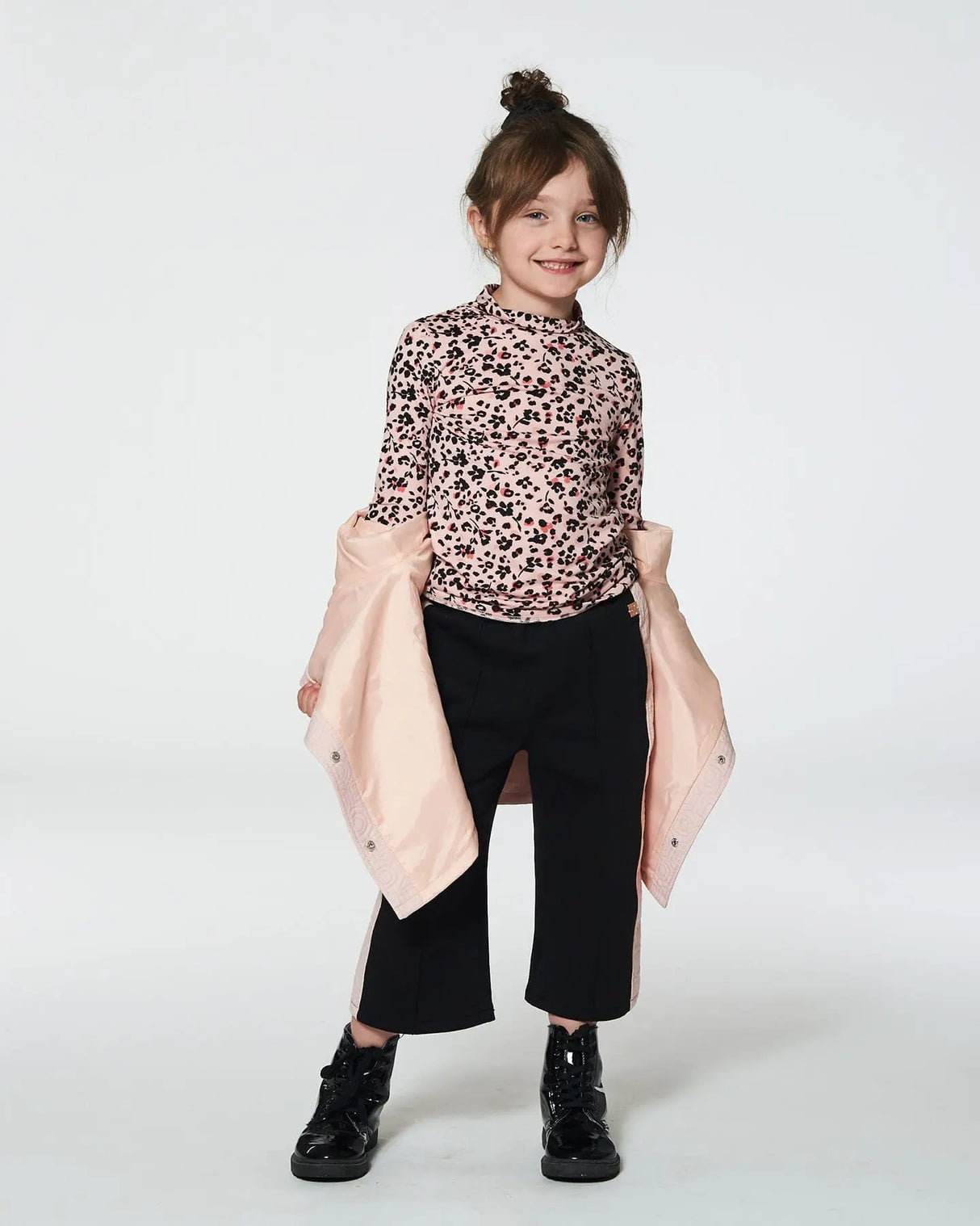 Long Sleeve Mock Neck Top Pink Printed Leopard Flowers | Deux par Deux | Jenni Kidz