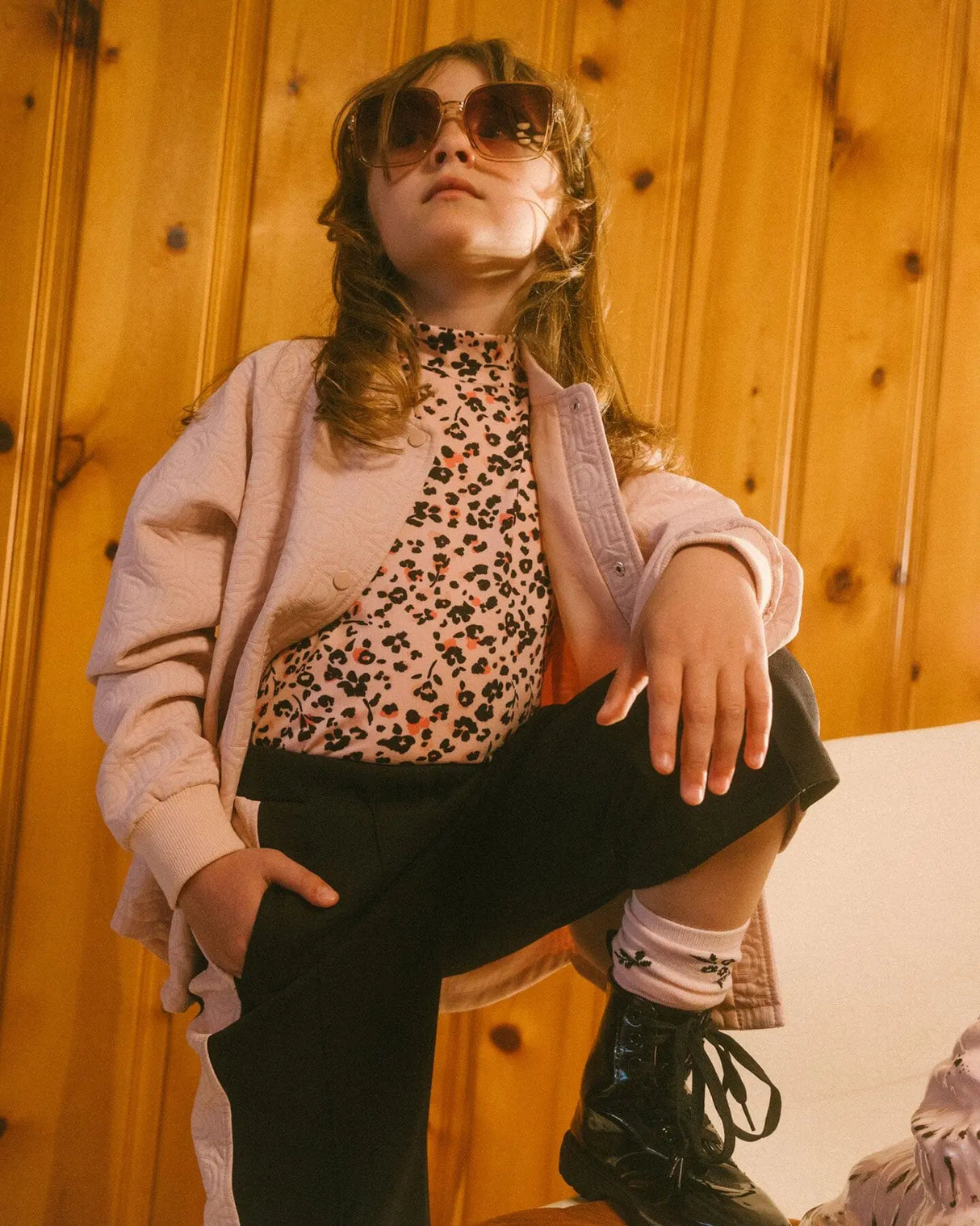 Long Sleeve Mock Neck Top Pink Printed Leopard Flowers | Deux par Deux | Jenni Kidz