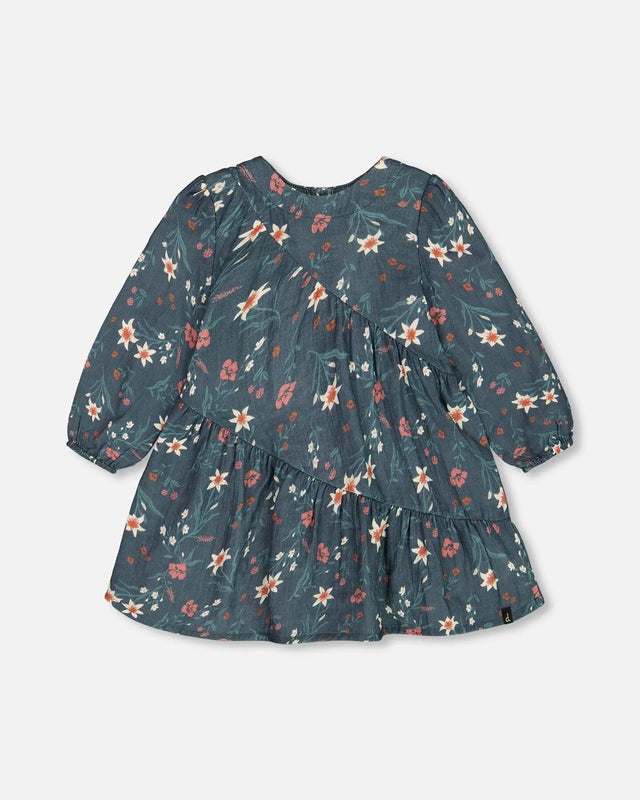 Long Sleeve Muslin Dress Teal Printed Flowers | Deux par Deux | Jenni Kidz