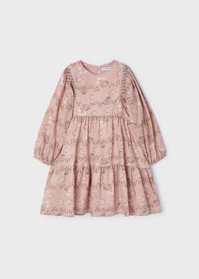 Front view of dusty-pink Mayoral girls dress with animal-and-cloud print