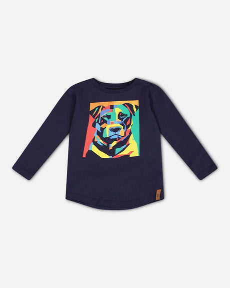 Long Sleeve T-Shirt With Print Navy | Deux par Deux | Jenni Kidz