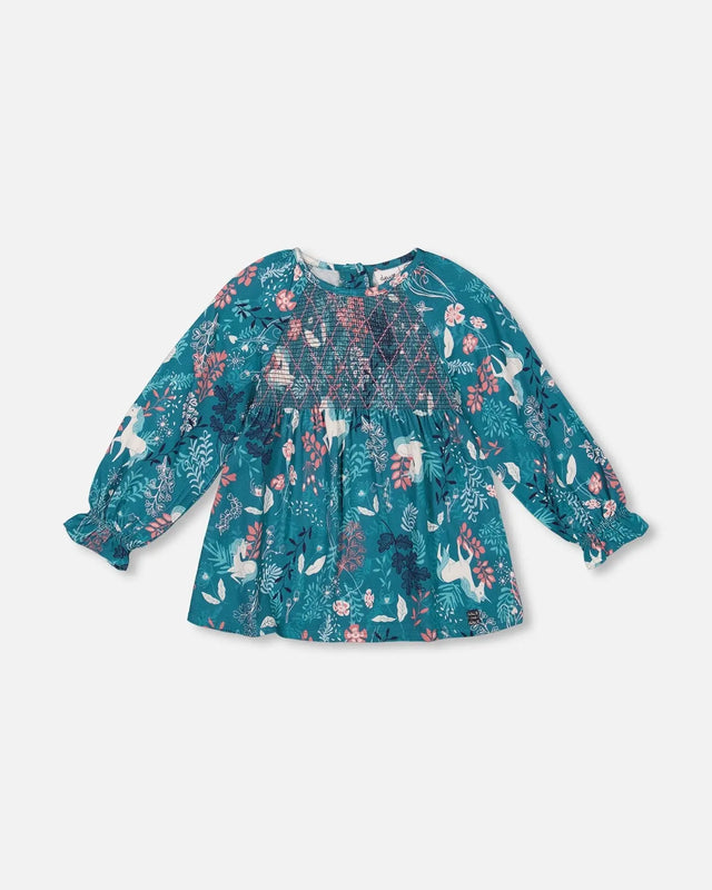 Long Sleeve Viscose Blouse Turquoise Printed Fairy Unicorn | Deux par Deux | Jenni Kidz