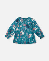 Long Sleeve Viscose Blouse Turquoise Printed Fairy Unicorn | Deux par Deux | Jenni Kidz