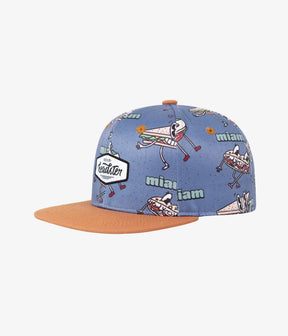 Blue Lunchtime kids snapback with sandwich characters and tan brim, angled front view