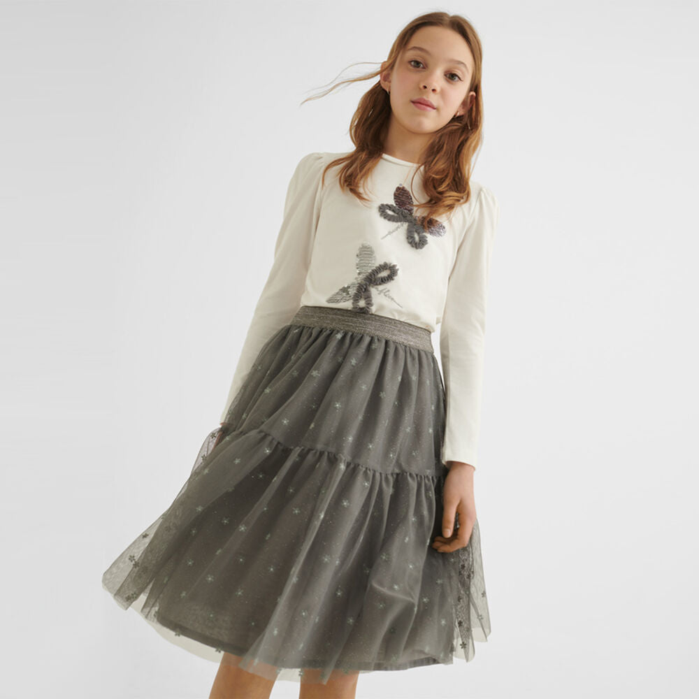 Girls Grey Flower Tulle Skirt | Mayoral - Jenni Kidz