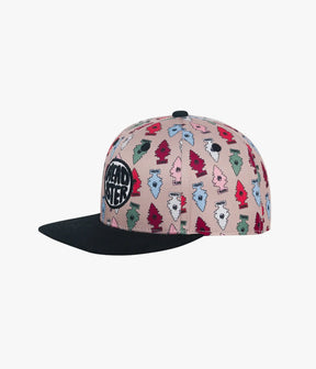 Beige Magic Tree kids snapback with colorful evergreen print and black brim, angled front view