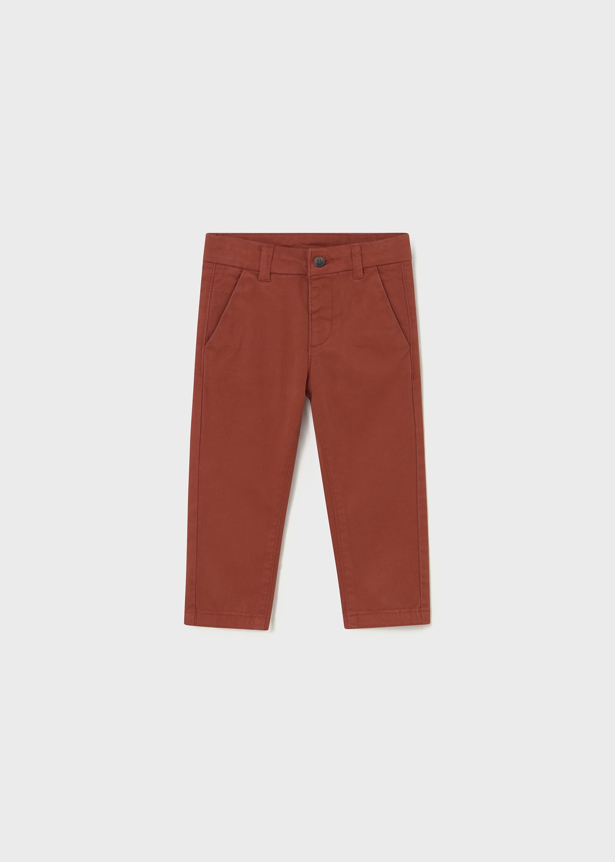 Front flat lay of Mayoral baby boy baby chinos in Brown/Rust micro-corduroy.