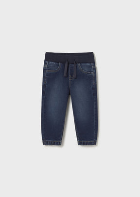 Front view of dark blue Mayoral baby boy denim joggers with navy drawstring waist