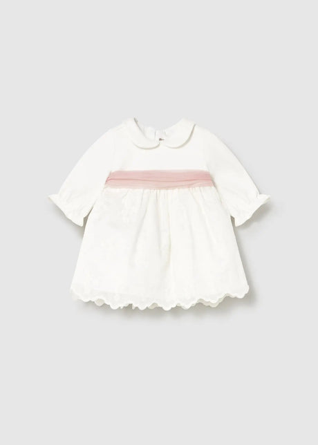 Mayoral baby girl dress ivory with pink sash, embroidered newborn dress