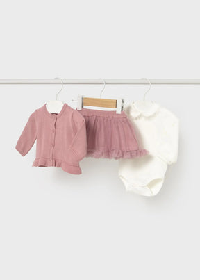 Dusty pink and ivory Mayoral newborn girl cardigan, bodysuit and tulle skirt set