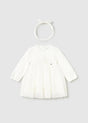 Front view of Mayoral ivory embroidered tulle baby dress with long sleeves and gathered skirt.