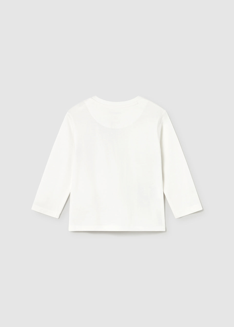 Back view flat lay of Ivory long-sleeve T-shirt, round neckline and smooth finish.