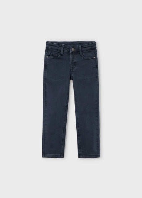 Front flat lay of Mayoral boys navy straight-leg boys pants with adjustable waist.