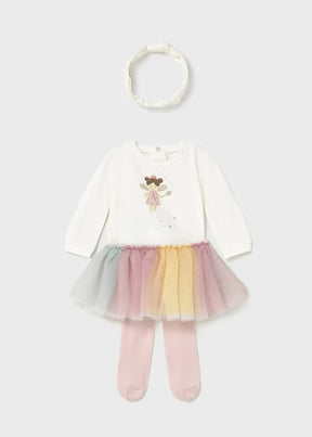 Cream Mayoral newborn girl woodland bodysuit, pink skirted tights and headband set