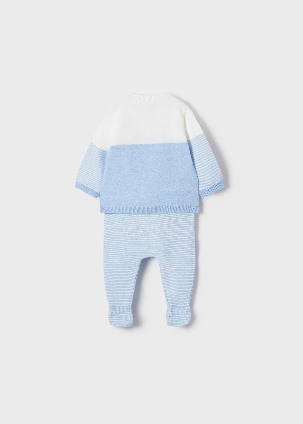 Full view of two-piece knit set for newborn boys with striped leggings and shoulder-button jumper.