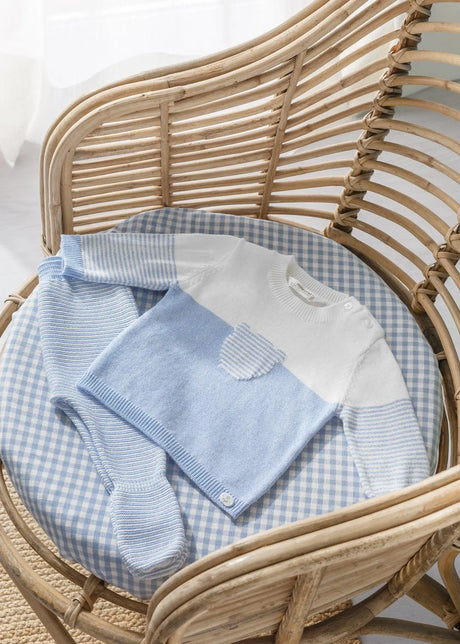 Gift-friendly presentation of the knit set in a basket.