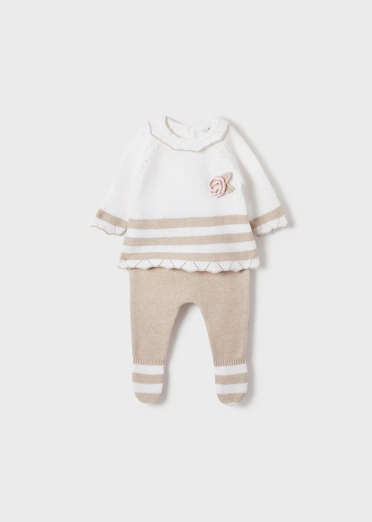 Flat lay of Mayoral newborn boy baby outfit set in Ivory/Beige stripes (jumper + leggings).