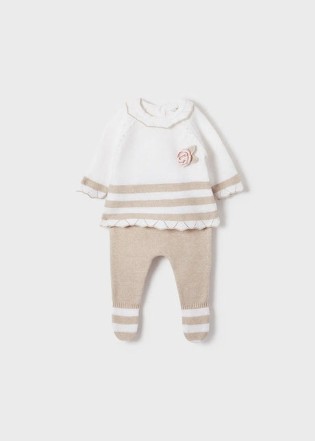 Flat lay of Mayoral newborn boy baby outfit set in Ivory/Beige stripes (jumper + leggings).