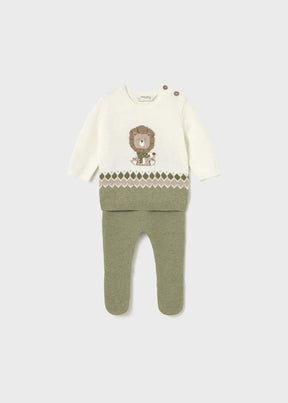 Ivory and olive Mayoral newborn boy lion sweater with matching footed knit pants