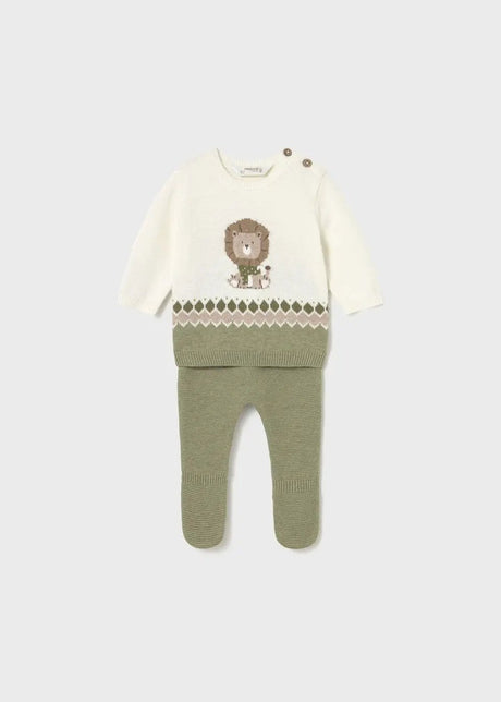 Front flat lay of Mayoral newborn knit baby outfit set in Ivory/Olive with jacquard sweatshirt and leggings.