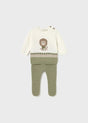 Front flat lay of Mayoral newborn knit baby outfit set in Ivory/Olive with jacquard sweatshirt and leggings.