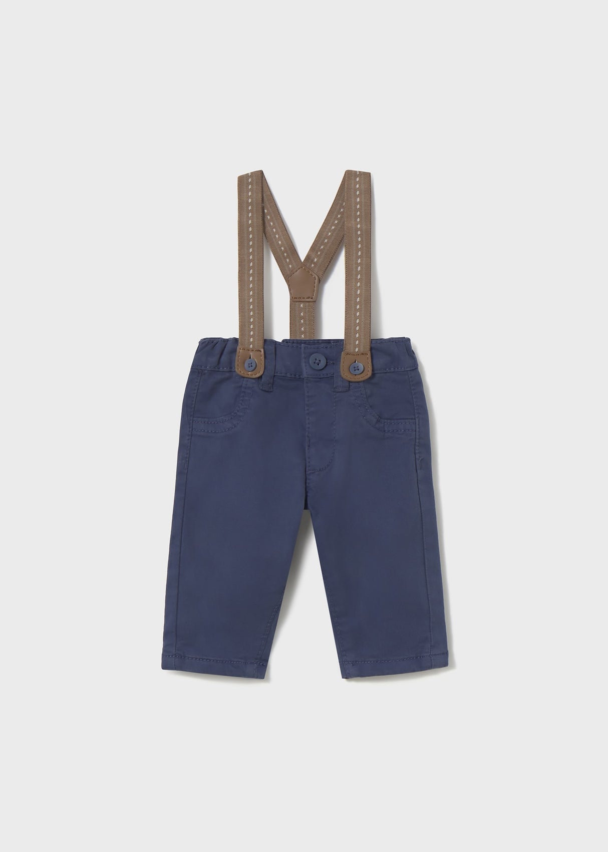 Front flat lay of newborn navy baby pants with Tan detachable suspenders.
