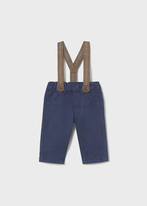 Front view of slate blue Mayoral newborn boy pants with brown suspenders