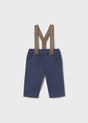 Front flat lay of newborn navy baby pants with Tan detachable suspenders.