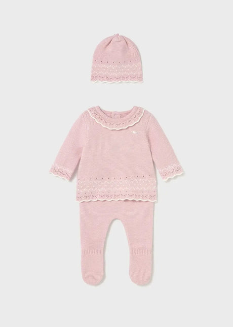 Front flat lay of Mayoral newborn girl baby outfit set in Pink/Blush (sweater, pants, hat).