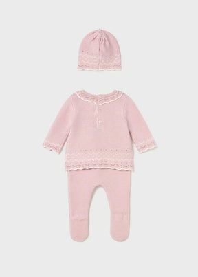 Back view of soft pink Mayoral newborn girl knit sweater, pants and hat set