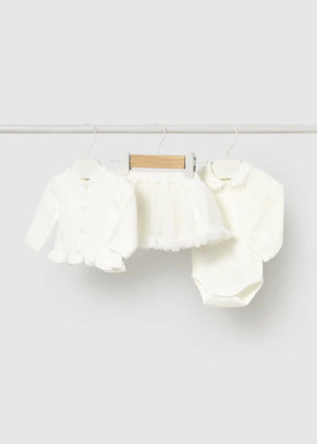Ivory Mayoral newborn girl cardigan, bodysuit and gathered skirt set