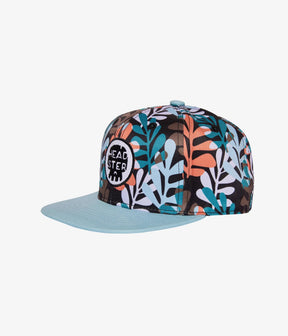 Mumbo Jumbo kids snapback with multicolor foliage and light-blue brim, angled front view