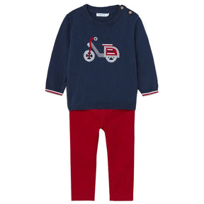 Navy scooter knit sweater and red pants baby boys set