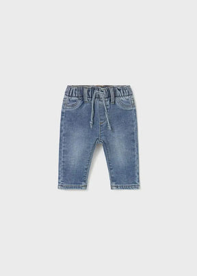 Front view of light blue Mayoral newborn pull-on jeans with cream drawstring