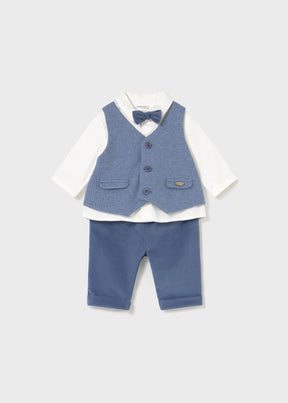 Front view of blue and white Mayoral newborn boy formal outfit with bow tie