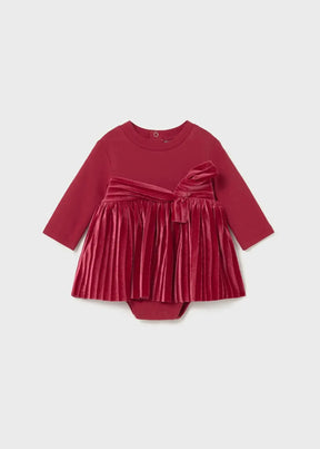 Front view of deep red Mayoral newborn girl dress bodysuit with velvet skirt and bow
