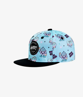Bleached aqua Normal Is Boring kids snapback with dessert characters and black brim, angled view